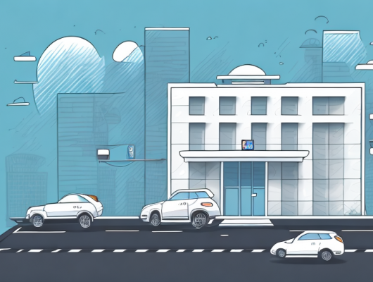 A car without a license plate on a road leading to a building symbolizing a registration office