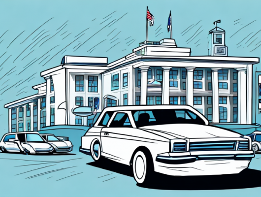 A car without a license plate parked in front of a government building