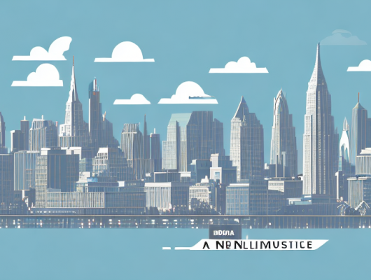 A cityscape with various identifiable landmarks