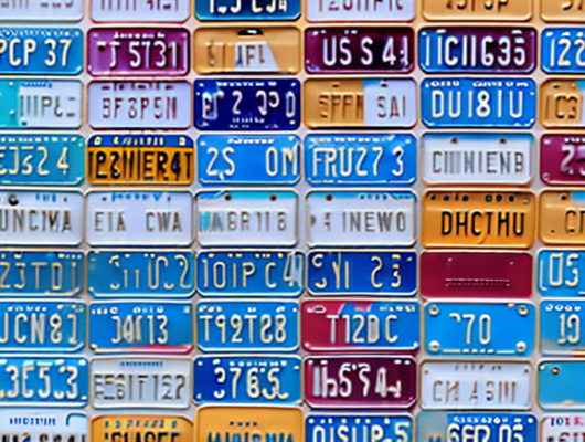 Various car license plates with parts obscured or blurred out