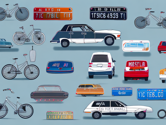 A bicycle rack with various types of license plates attached to it