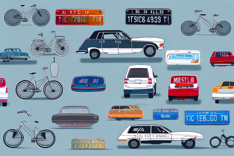 A bicycle rack with various types of license plates attached to it