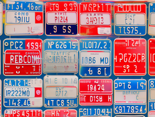 Various car license plates with a red prohibition sign over them