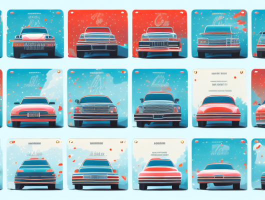 Seasonal number plates on different types of vehicles against a backdrop of four seasons