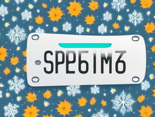 A car with a seasonal license plate surrounded by seasonal elements