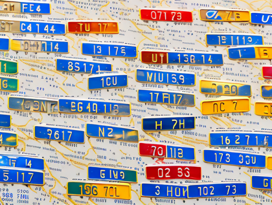 A variety of german car license plates on a map of germany