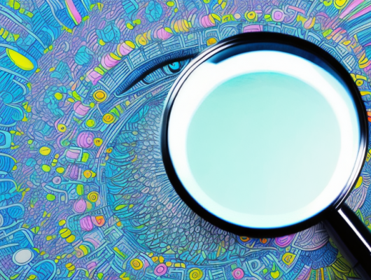 A computer screen with a magnifying glass hovering over a vibrant