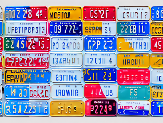 Various car license plates in different sizes and colors
