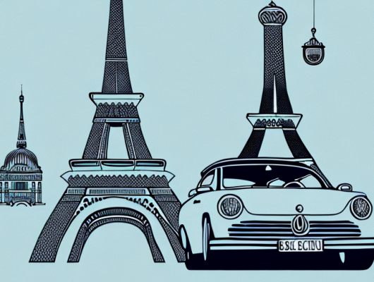 A german car parked amidst iconic landmarks of various foreign countries