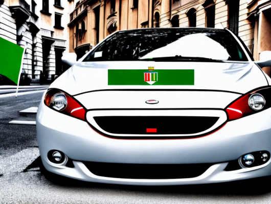 A car with an italian flag design parked in front of a government building
