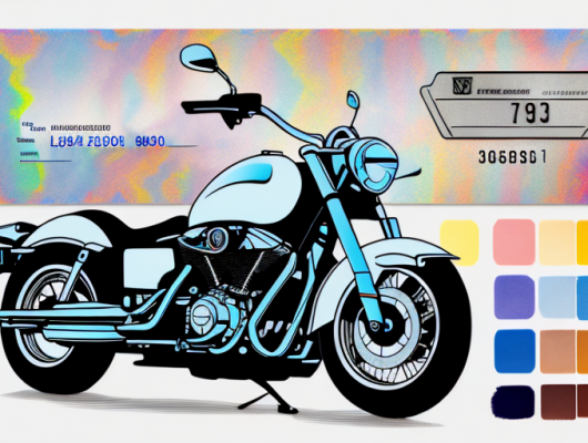 A motorcycle with a blank license plate surrounded by various elements that suggest customization