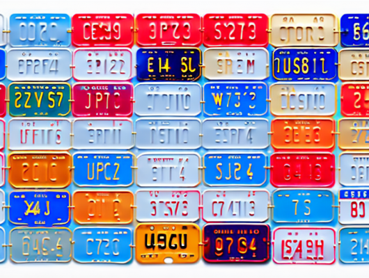 Various license plates in different shapes and colors