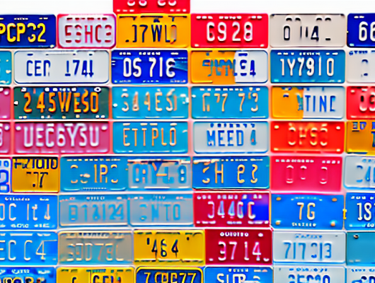 Several license plates in different shapes and colors
