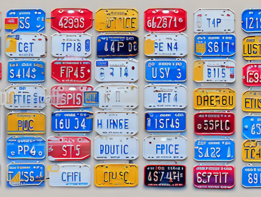 A variety of car license plates with price tags hanging off them