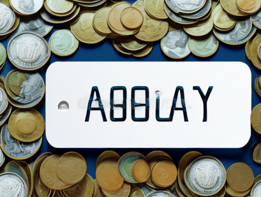 A car with a blank license plate surrounded by symbols of money