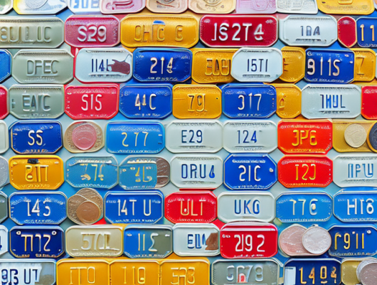A variety of german license plates along with a scale and a few coins