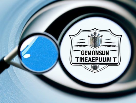 A german tüv-plakette (vehicle inspection sticker) with magnifying glass focusing on the details of the sticker