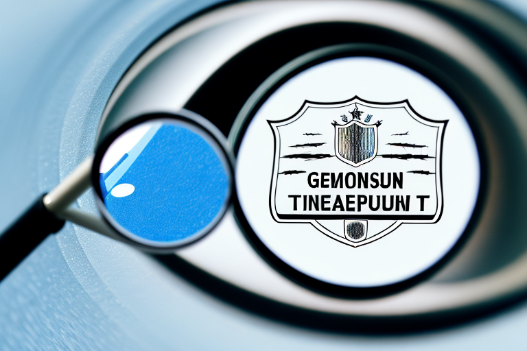 A german tüv-plakette (vehicle inspection sticker) with magnifying glass focusing on the details of the sticker