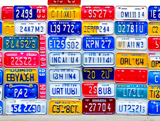A variety of short license plates from different countries displayed on the back of various types of vehicles