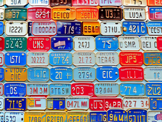 A variety of small license plates from different countries