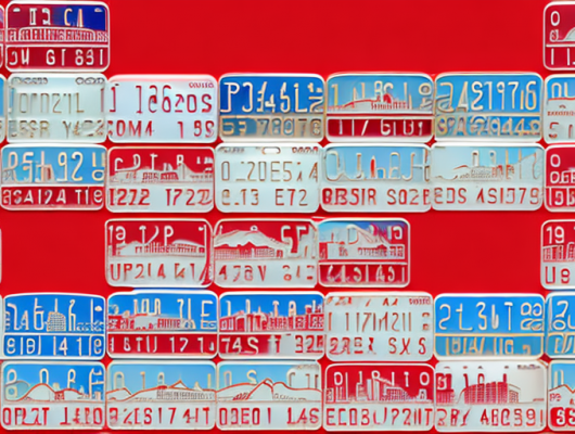 Various red license plates from different angles and perspectives