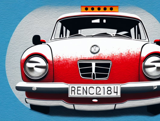 A red german license plate on a car amidst a backdrop of various german landmarks