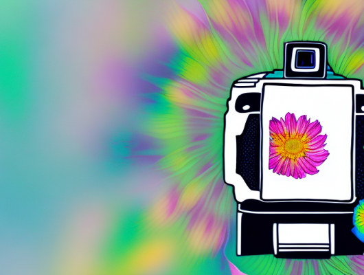 A camera focusing on a vibrant flower in the foreground with a blurred background of a scenic landscape