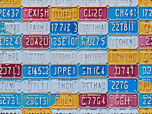 A variety of car license plates with blurred out characters