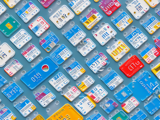 A set of diverse license plates arranged neatly on a counter