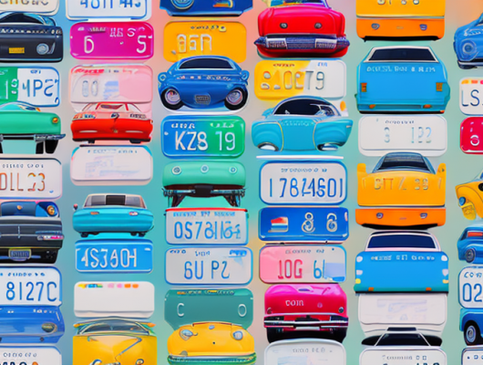 A variety of colorful car license plates being selected and placed into a digital shopping cart on a computer screen