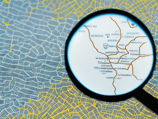 A magnifying glass hovering over a simplified map of austria