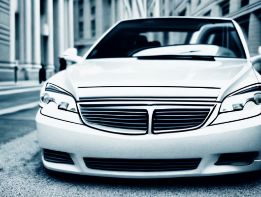 A diplomatic license plate on a fancy car parked in front of a government building