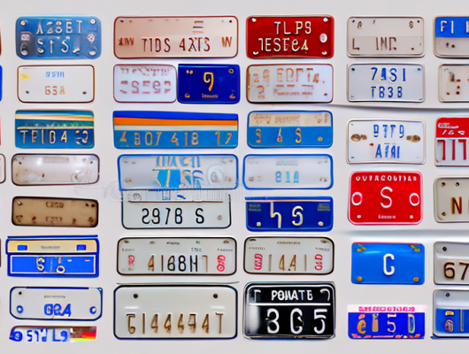 Various types of number plates displayed in a shop setting