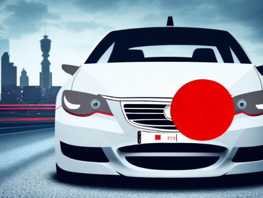 A red german temporary license plate on a car against a backdrop of a cityscape