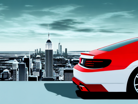 A red license plate affixed to the back of a sleek