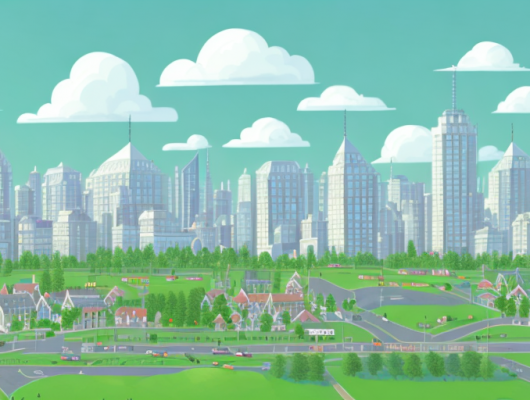 A bustling cityscape on one side with skyscrapers