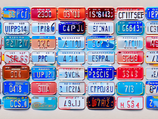 Various car license plates from different angles and perspectives