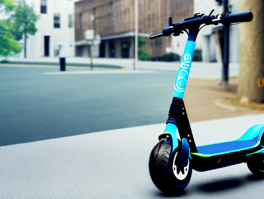 An electric scooter with a visible insurance tag attached to it