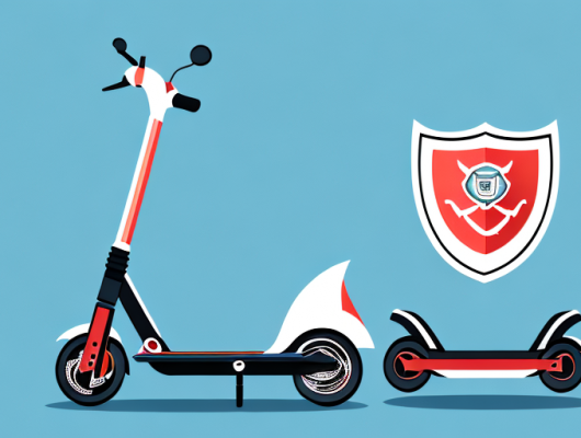 An e-scooter parked next to a traditional insurance policy document and a shield