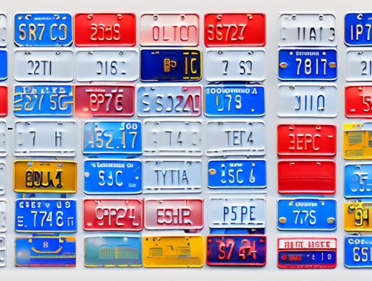 A variety of license plate tags hanging from a rearview mirror