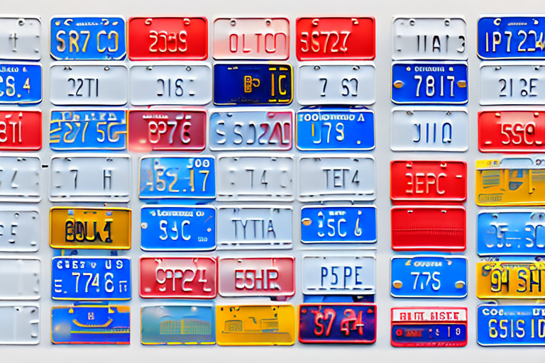 A variety of license plate tags hanging from a rearview mirror