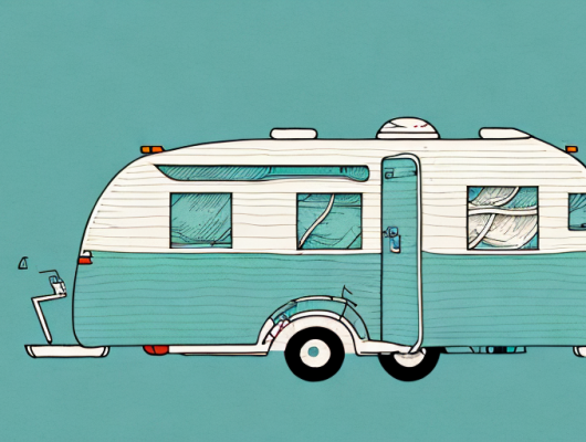 A caravan with a visible license plate parked in a scenic camping spot