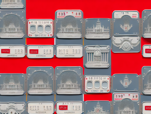 Red license plates attached to a car with a background of german architectural elements