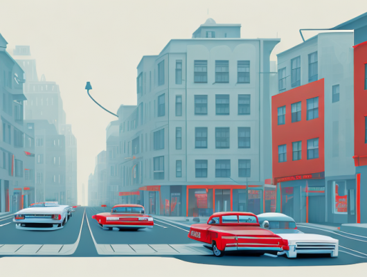 A quiet city street on a sunday with parked cars having red license plates