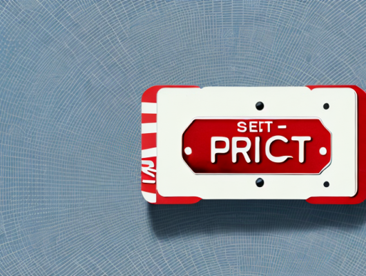 A red license plate with a price tag hanging off