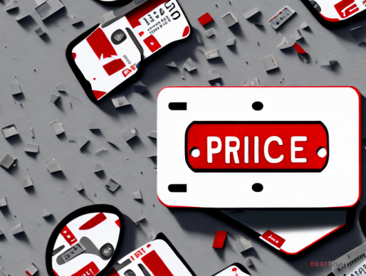 A red license plate with a price tag hanging off it