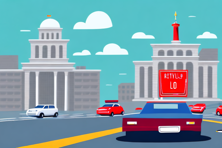 A car with red license plates driving on a road