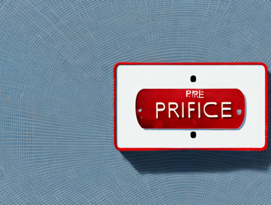 A red license plate with a price tag attached to it