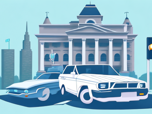 A car with open doors parked in front of a city hall building