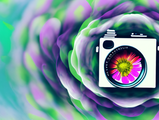 A camera focusing on a vibrant flower with a blurred background